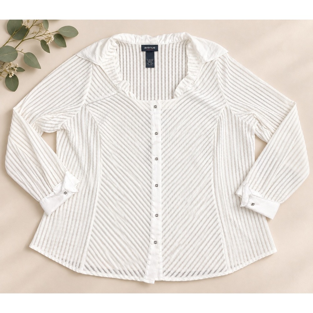 Avenue Blouse Sheer Textured Stripe Button Up Rhinestone White Plus Size 22/24